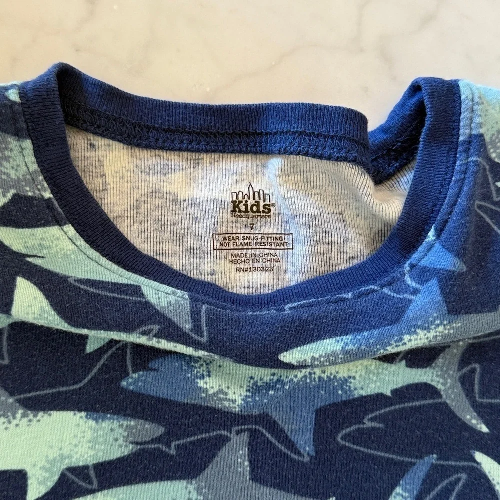 Boys Shark Pajama Set Size 7 Kids 3 Piece Blue Navy PJs Shorts Pants